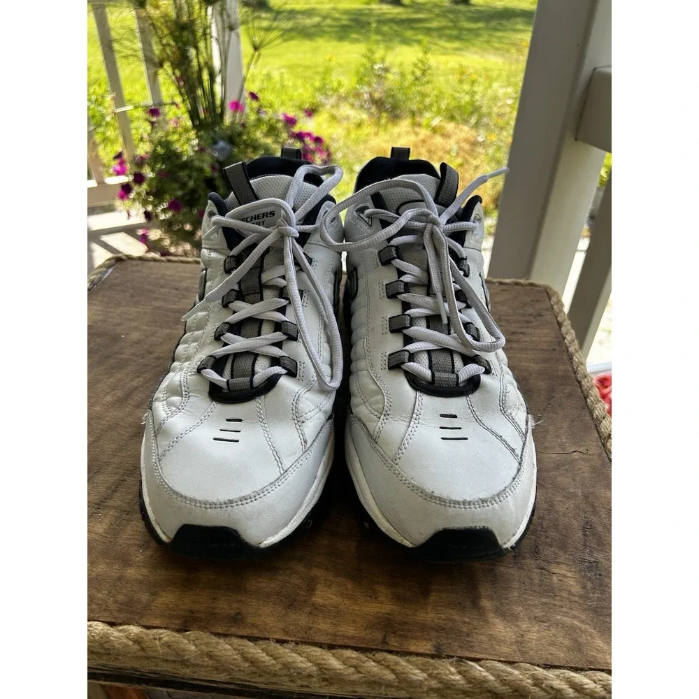 Skechers After Burn Memory Fit Mens 14 White Navy Leather Walking Shoes 50081